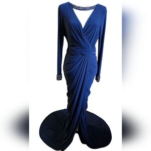 Adrianna Papell Navy Blue Long Sleeve Dress with Beaded Cuffs